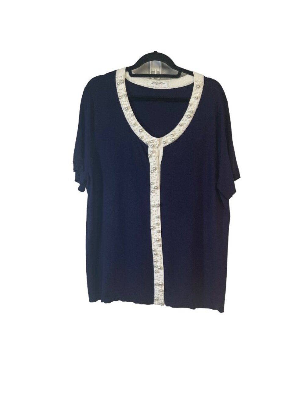 Judith Hart Woman Navy Blue Short Sleeve Top Pearl Accents Contrast Trim